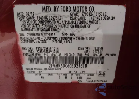 2012 Ford Flex Limited from USA, damaged, VIN 2FMHK6DC6CBD21818